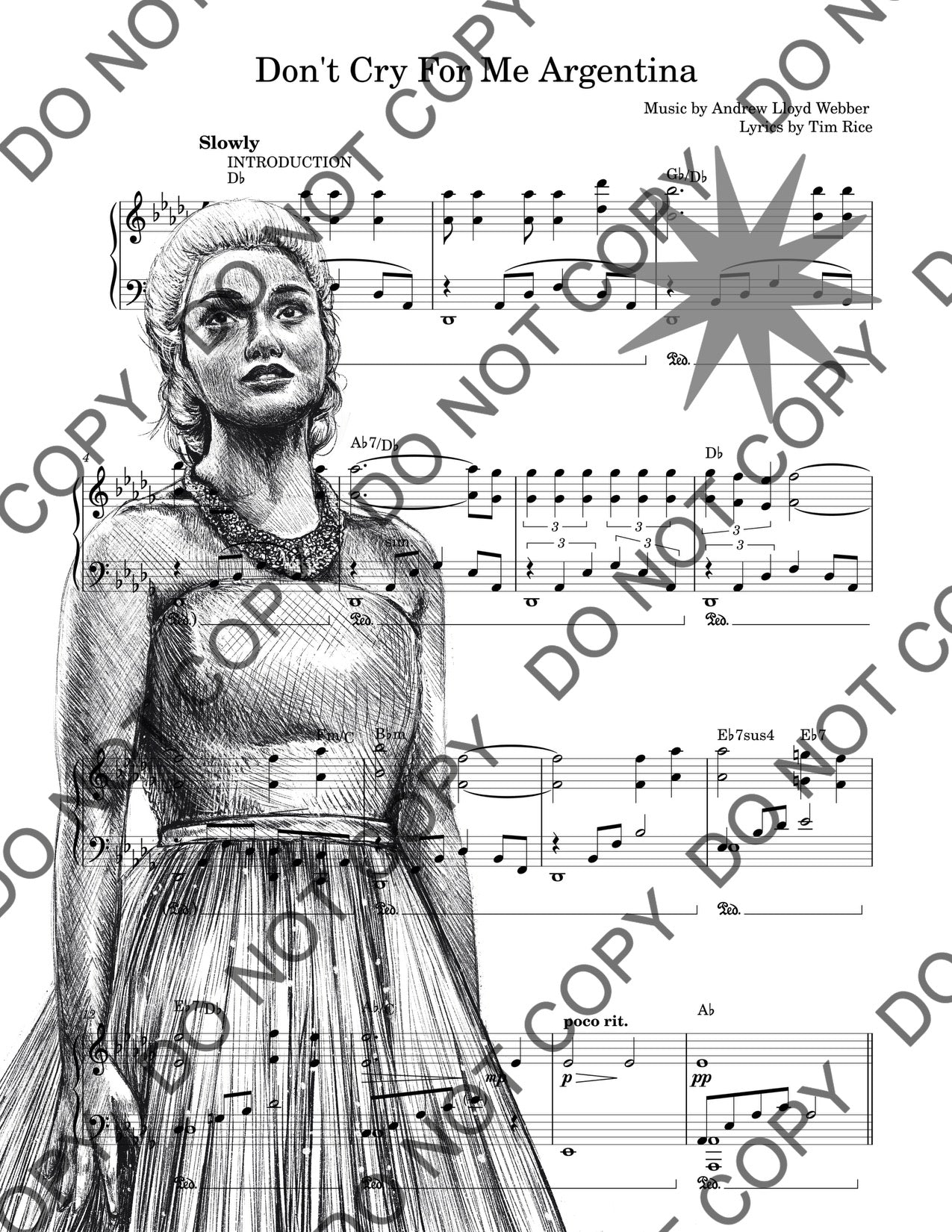 Rachel Zegler Evita Sheet Music Art Print (Black & White)