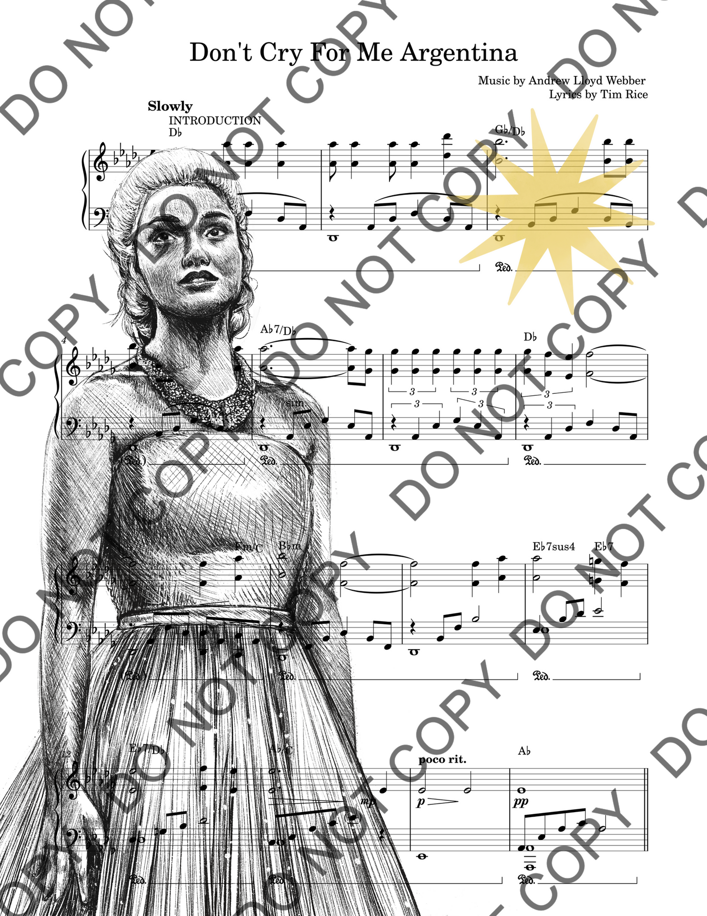 Rachel Zegler Evita Sheet Music Art Print (Black & White)