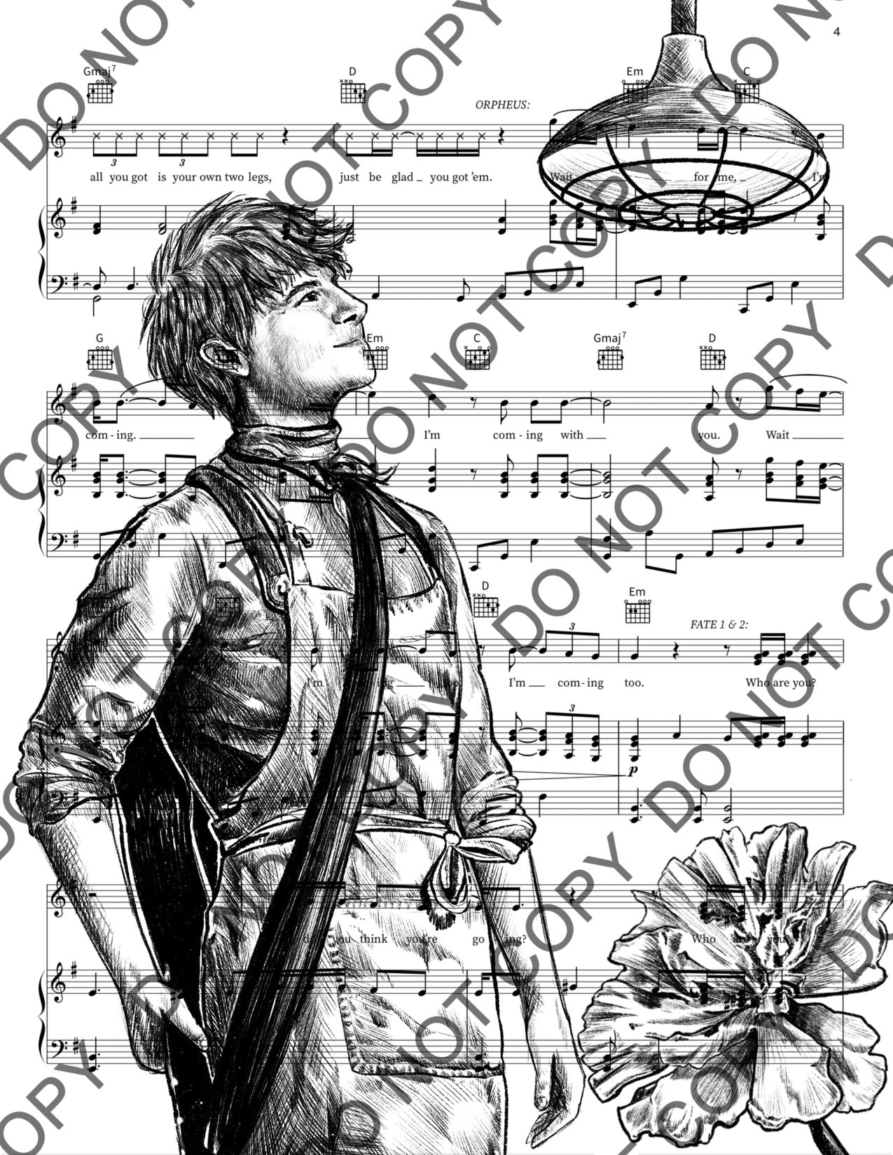 Jack Wolfe as Orpheus in Hadestown Sheet Music Print (Black & White)