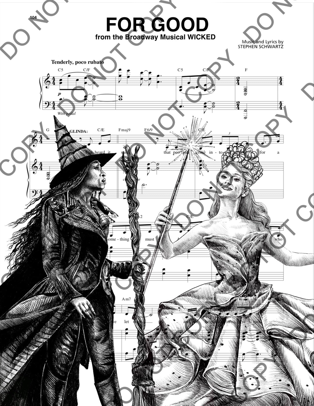 Glinda and Elphaba Wicked Movie Art Sheet Music (Black & White)